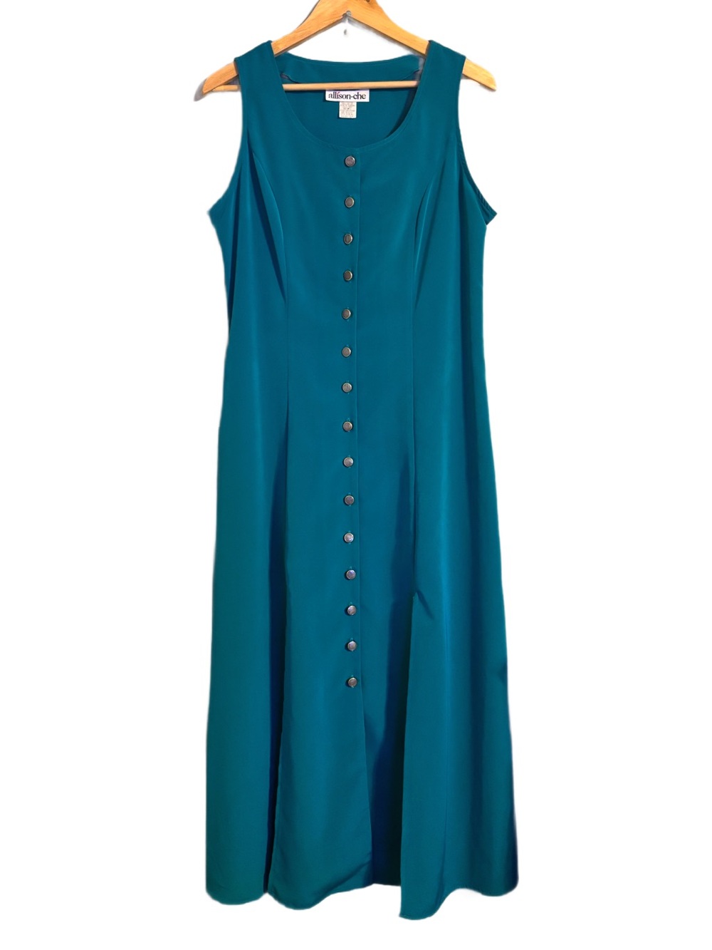Vintage Teal Sleeveless Button-Front, Tie Back Maxi w/ Bottom Slits Women’s 12